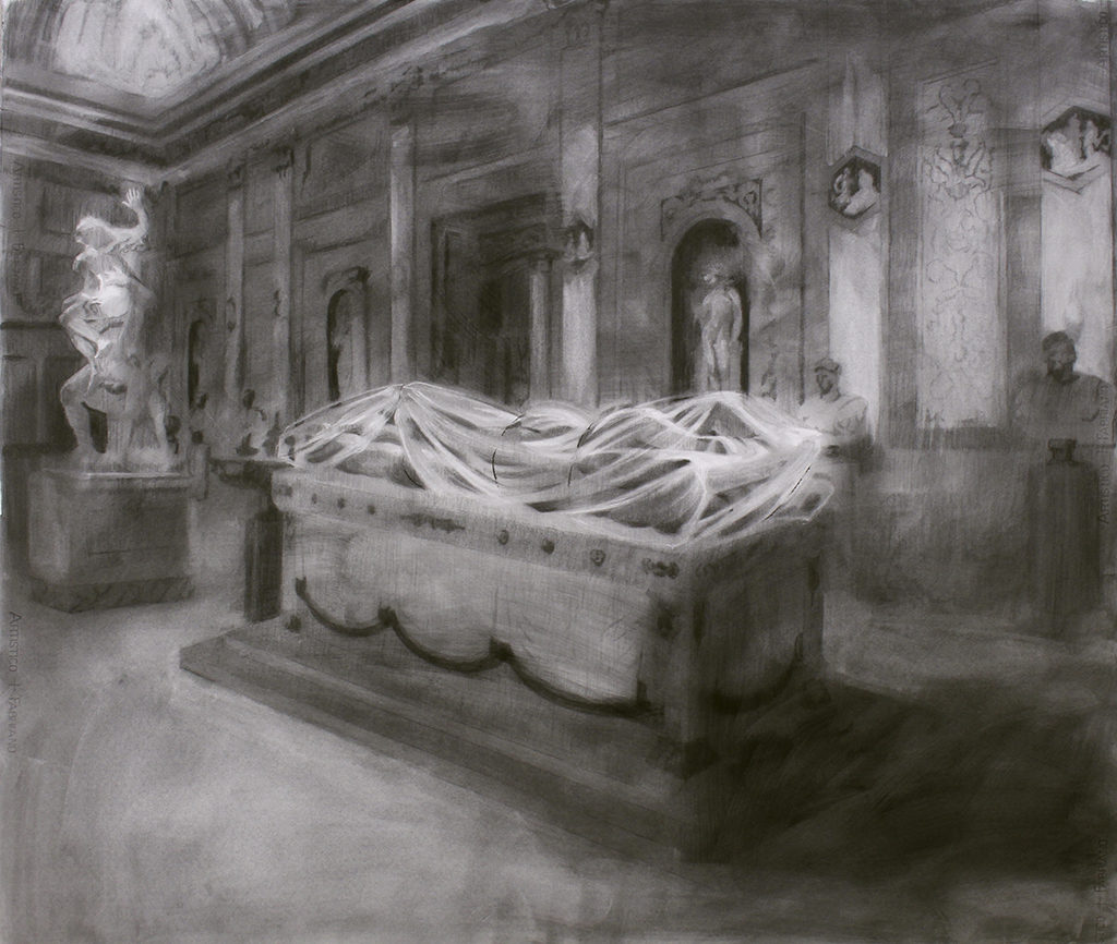 Etimología de la nostalgia (boceto en carboncillo) El Hermafrodita dormido regresa a la Villa Borghese