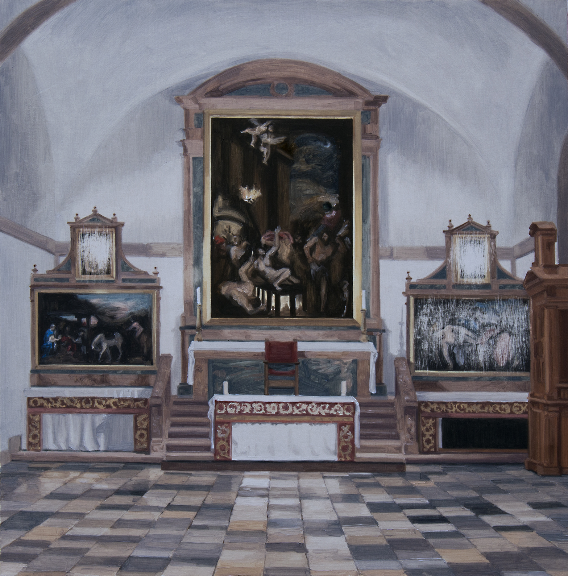 Sustracción en la Iglesia Vieja del Monasterio de El Escorial (Tiziano). Óleo sobre lienzo. 65 x 65 cm.
